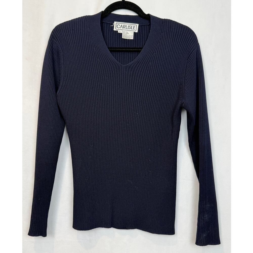 Vintage Carlisle Silk Wool Ribbed V-Neck Sweater Navy Size L